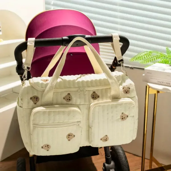 Sac à langer bandoulière en polyester brodé motif ours – pratique pour voyage