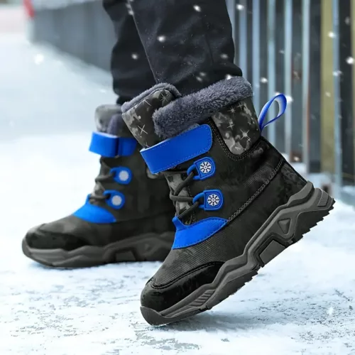 Bottes de neige enfant fourrées antidérapantes à rayures – hiver chaud et confort