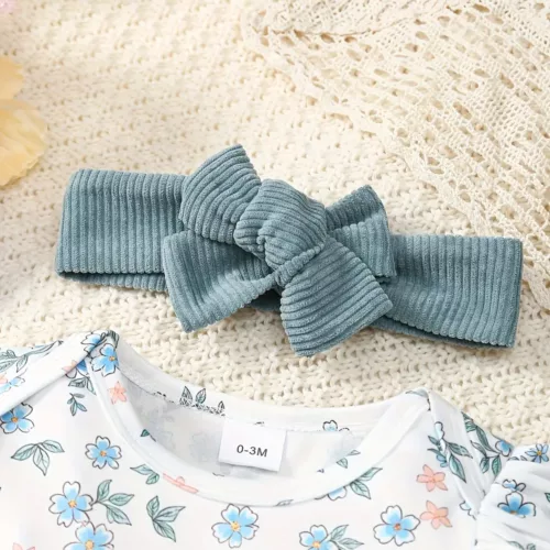 Ensemble naissance 3 pièces bébé fille – flanelle florale avec volants et nœud