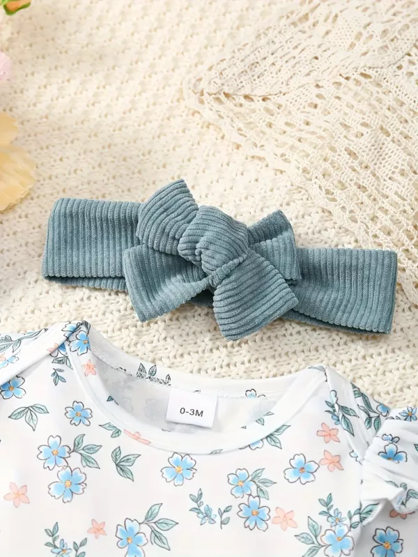 Ensemble naissance 3 pièces bébé fille – flanelle florale avec volants et nœud