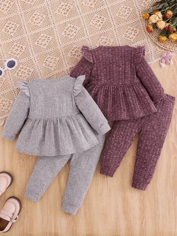 Ensemble naissance bébé fille 2 pièces – pull côtelé avec patch lettre + pantalon