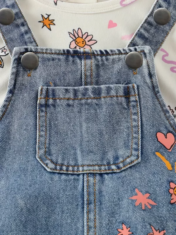 Ensemble bébé fille 2 pièces – haut floral manches longues et salopette en jean