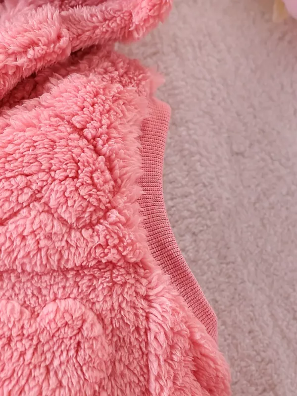 Ensemble naissance 3 pièces bébé fille – gilet et pantalon en peluche brodée