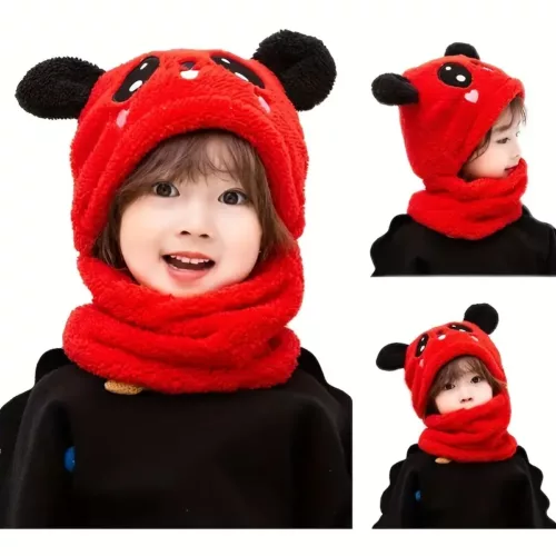 Bonnet fille avec capuche à oreilles et doublure peluche – écharpe intégrée chaude