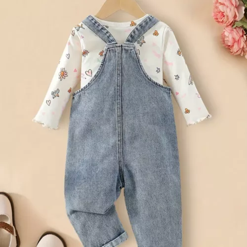 Ensemble bébé fille 2 pièces – haut floral manches longues et salopette en jean