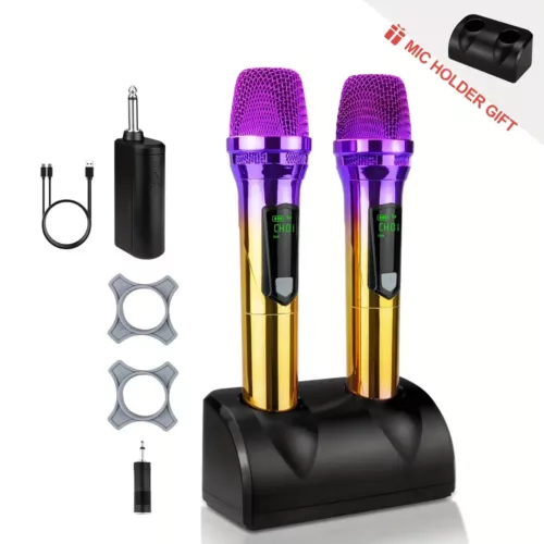 Microphones sans fil avec base rechargeable – duo dynamique compatible 3,5 mm & 6,35 mm