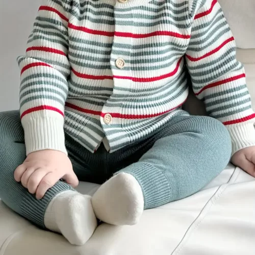 Ensemble naissance bébé fille – cardigan rayé polaire et pantalon chaud extérieur