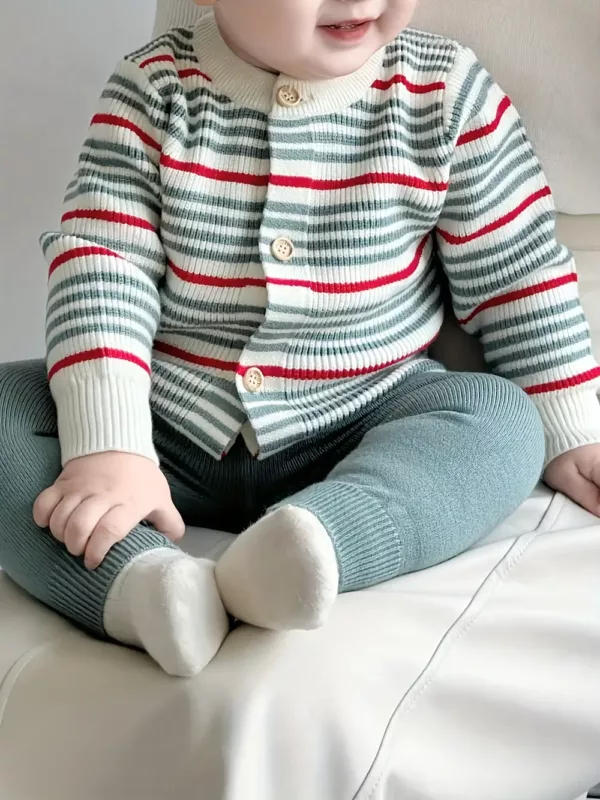 Ensemble naissance bébé fille – cardigan rayé polaire et pantalon chaud extérieur