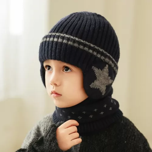 Ensemble bonnet et tour de cou enfant hiver – maille douce chaude mixte 4 pièces