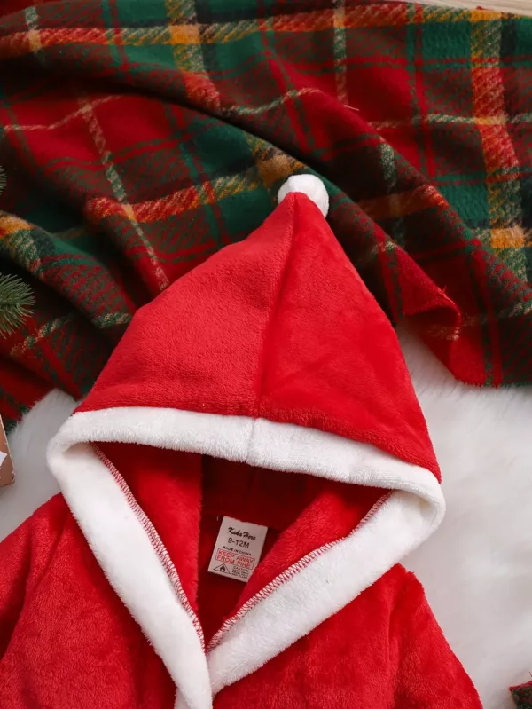 Peignoir enfant en polaire douce avec capuche et bordure blanche – style Noël