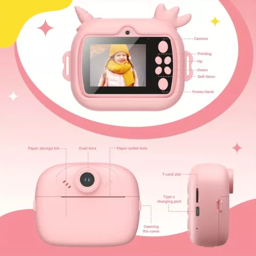 Appareil photo instantané enfant 2 en 1 avec selfie, vidéo HD et impression thermique