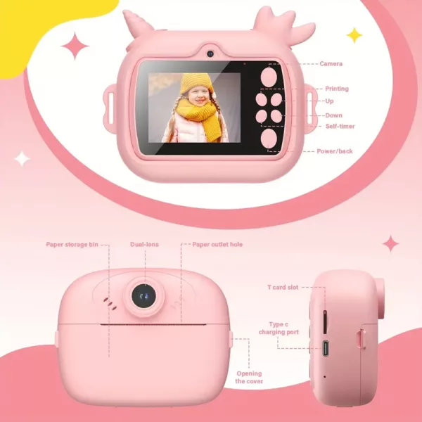 Appareil photo instantané enfant 2 en 1 avec selfie, vidéo HD et impression thermique
