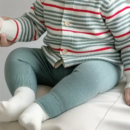 Ensemble naissance bébé fille – cardigan rayé polaire et pantalon chaud extérieur