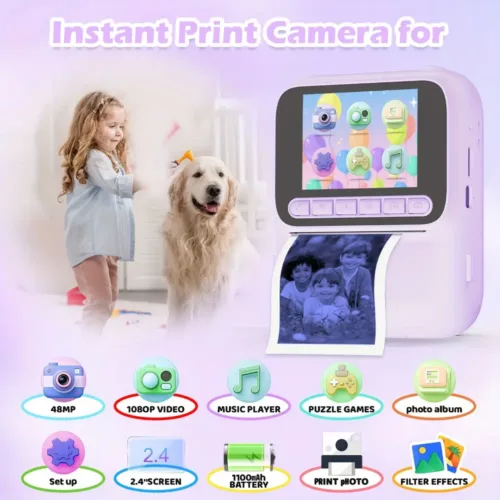 Appareil photo instantané enfant 48MP avec impression thermique et carte 32Go