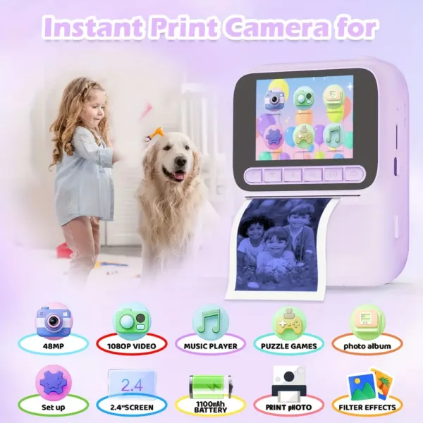 Appareil photo instantané enfant 48MP avec impression thermique et carte 32Go