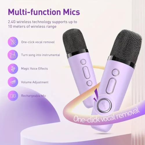 Mini karaoké portable avec 2 micros sans fil LED – idéal soirées et enfants