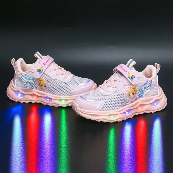 Baskets LED enfant avec ailes lumineuses et étoiles – maille respirante rose