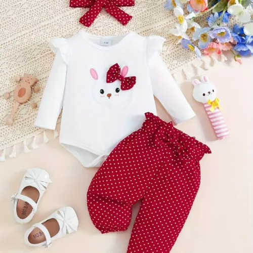 Ensemble naissance bébé fille 2 pièces – body brodé et pantalon assorti