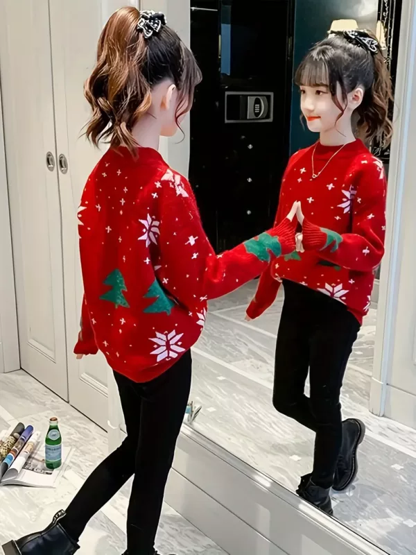 Pull de Noël enfant fille – motif renne en maille chaude style décontracté