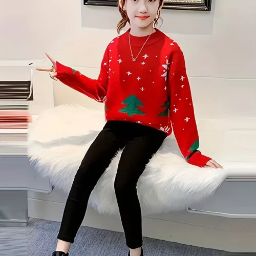 Pull de Noël enfant fille – motif renne en maille chaude style décontracté
