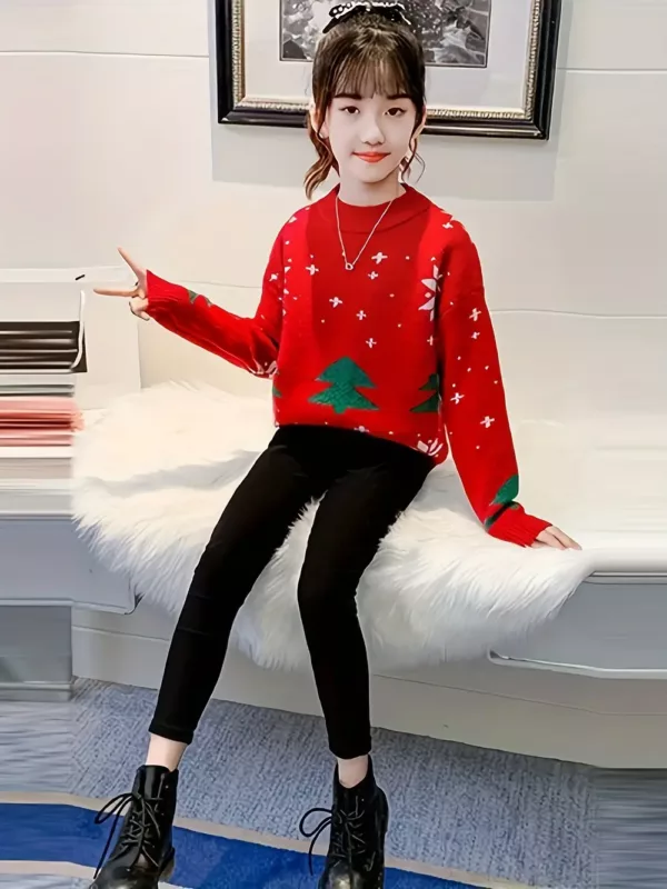 Pull de Noël enfant fille – motif renne en maille chaude style décontracté