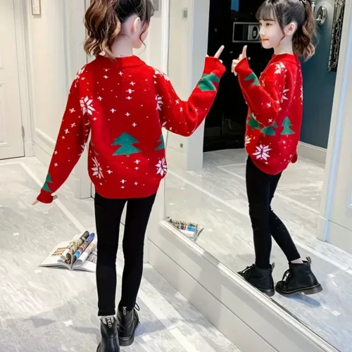 Pull de Noël enfant fille – motif renne en maille chaude style décontracté