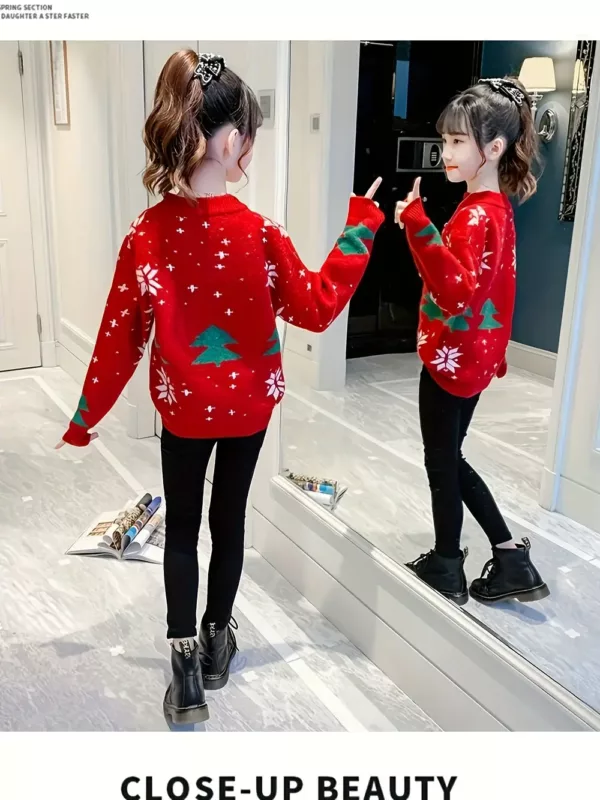Pull de Noël enfant fille – motif renne en maille chaude style décontracté