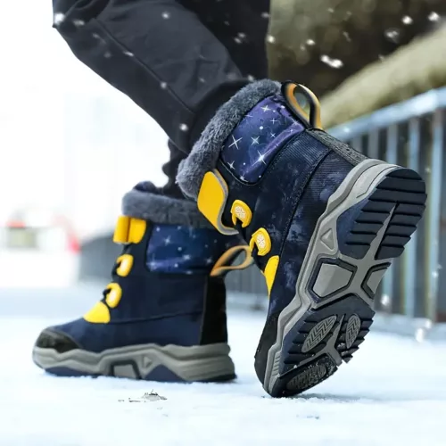 Bottes de neige enfant fourrées antidérapantes à rayures – hiver chaud et confort