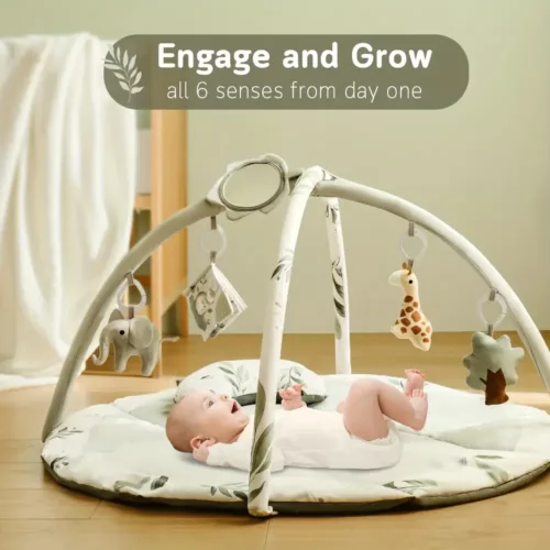 Tapis d’éveil bébé avec jouets suspendus et oreiller – usage dès la naissance