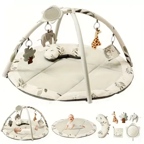 Tapis d’éveil bébé avec jouets suspendus et oreiller – usage dès la naissance