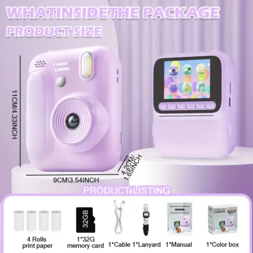 Appareil photo instantané enfant 48MP avec impression thermique et carte 32Go