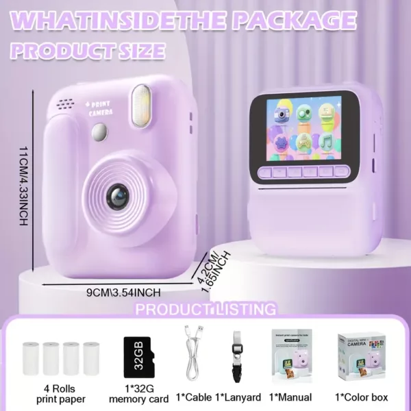 Appareil photo instantané enfant 48MP avec impression thermique et carte 32Go