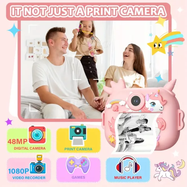 Appareil photo instantané enfant avec impression thermique – licorne ludique 48MP