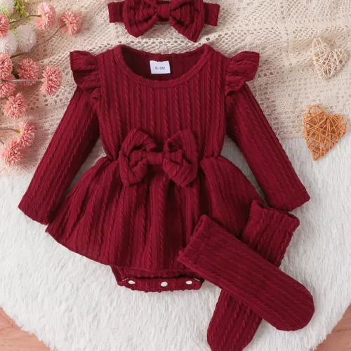 Ensemble naissance bébé fille 3 pièces – robe, body et bonnet assortis