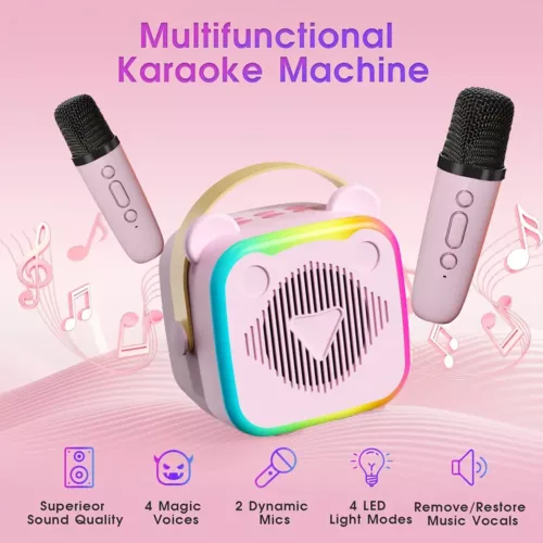 Mini karaoké portable avec 2 micros sans fil LED – idéal soirées et enfants
