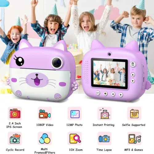 Appareil photo instantané enfant avec selfie et impression thermique – 32 Go inclus