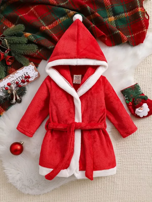 Peignoir enfant en polaire douce avec capuche et bordure blanche – style Noël