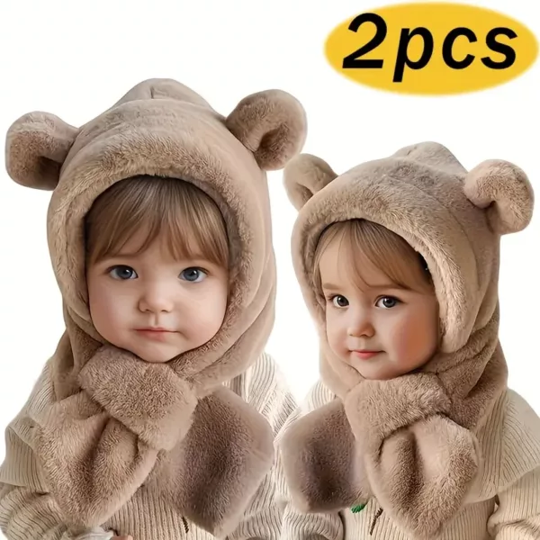 Lot de 2 bonnets et tour de cou bébé en peluche chaude – motif ourson hiver