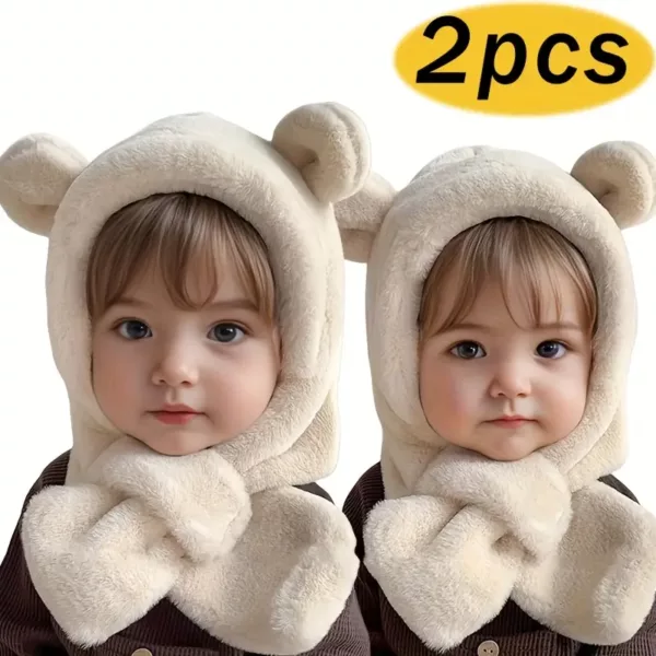 Lot de 2 bonnets et tour de cou bébé en peluche chaude – motif ourson hiver
