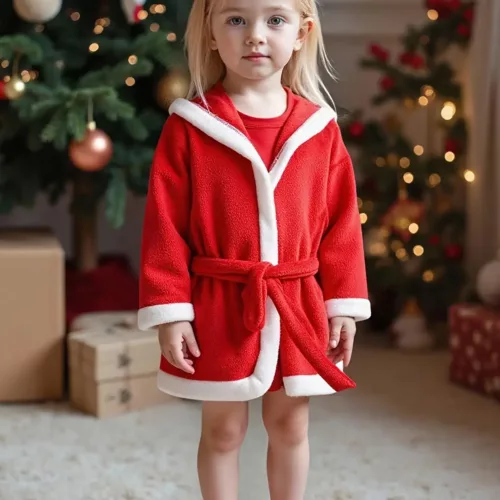 Peignoir enfant en polaire douce avec capuche et bordure blanche – style Noël
