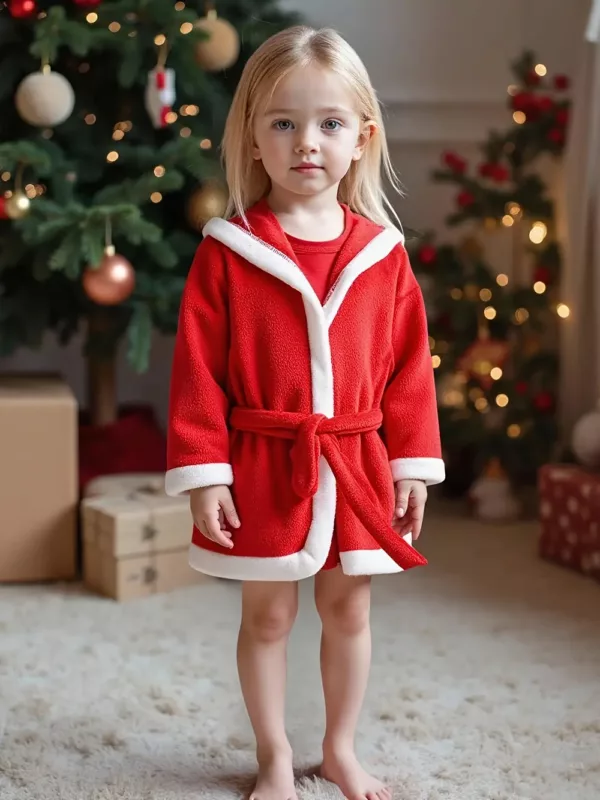 Peignoir enfant en polaire douce avec capuche et bordure blanche – style Noël