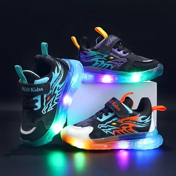 Baskets enfants à LED motif dragon – fermeture bande, semelle confort toutes saisons