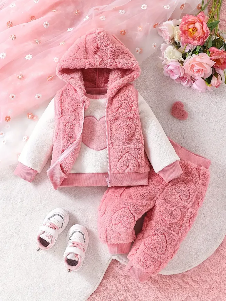 Ensemble naissance 3 pièces bébé fille – gilet et pantalon en peluche brodée