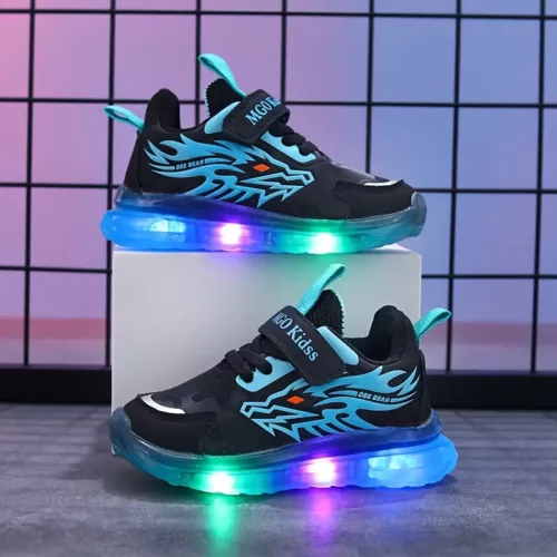 Baskets enfants à LED motif dragon – fermeture bande, semelle confort toutes saisons