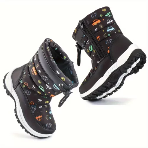 Bottes de neige enfant doublées polaire avec motifs camping – semelle antidérapante
