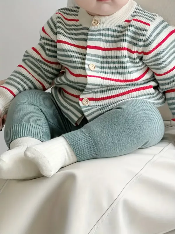 Ensemble naissance bébé fille – cardigan rayé polaire et pantalon chaud extérieur