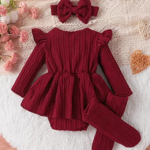Ensemble naissance bébé fille 3 pièces – robe, body et bonnet assortis