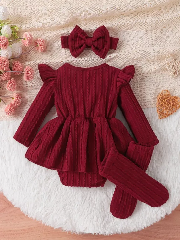 Ensemble naissance bébé fille 3 pièces – robe, body et bonnet assortis