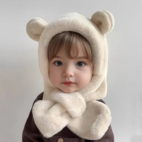 Lot de 2 bonnets et tour de cou bébé en peluche chaude – motif ourson hiver