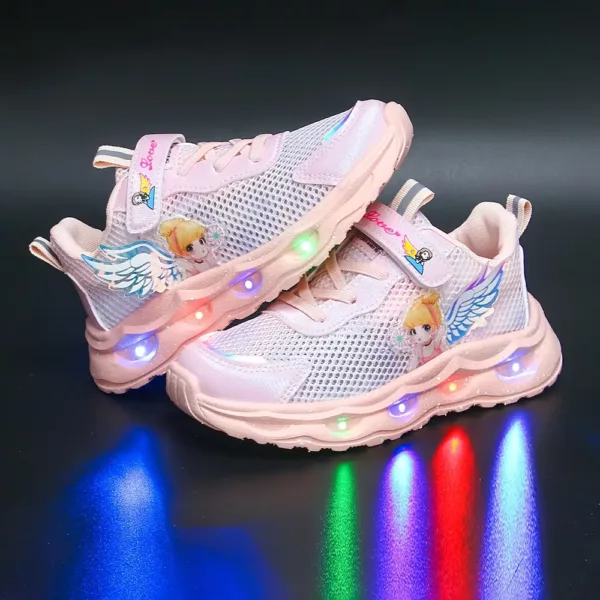Baskets LED enfant avec ailes lumineuses et étoiles – maille respirante rose